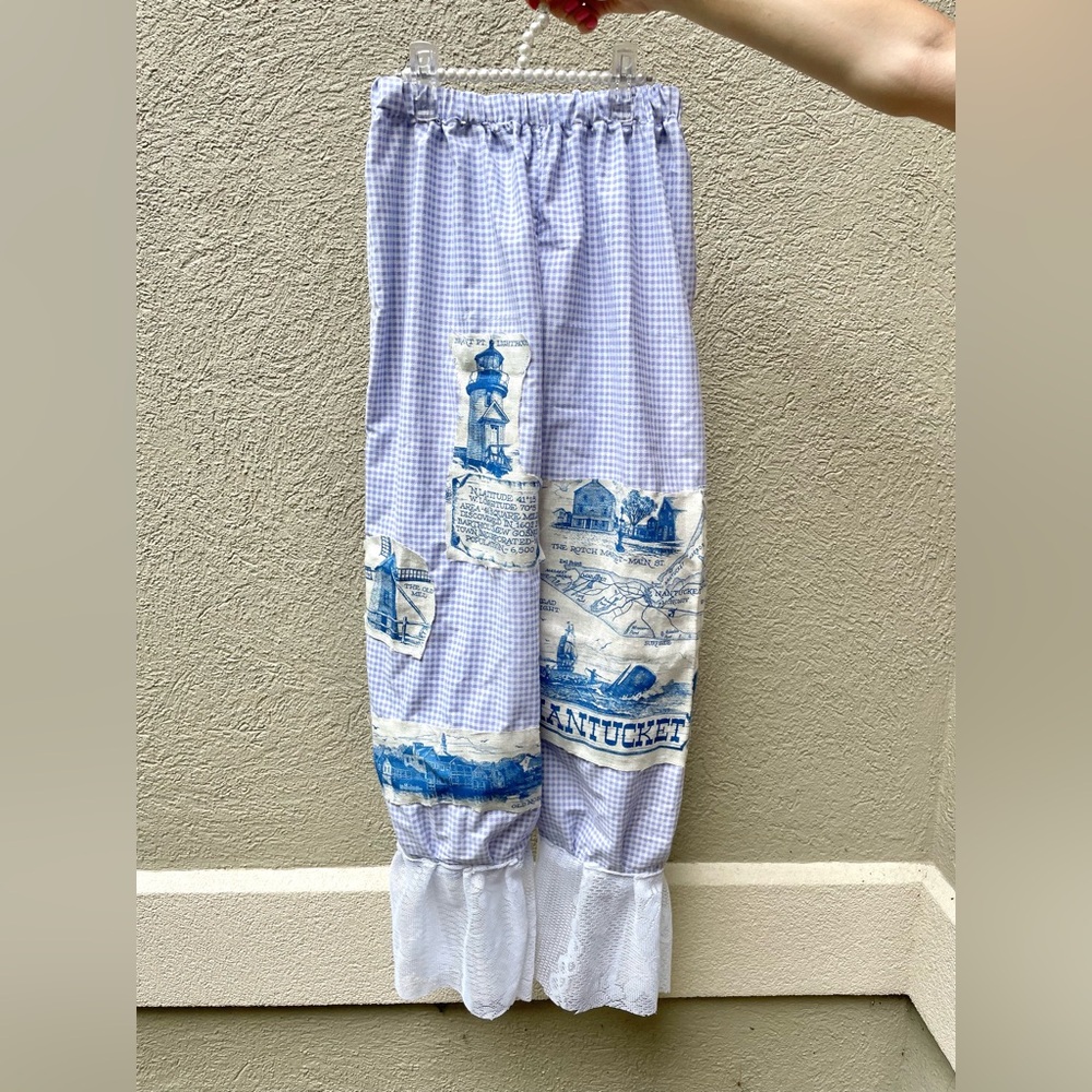 Nantucket patchwork Gingham pantaloon style pants with lace hem